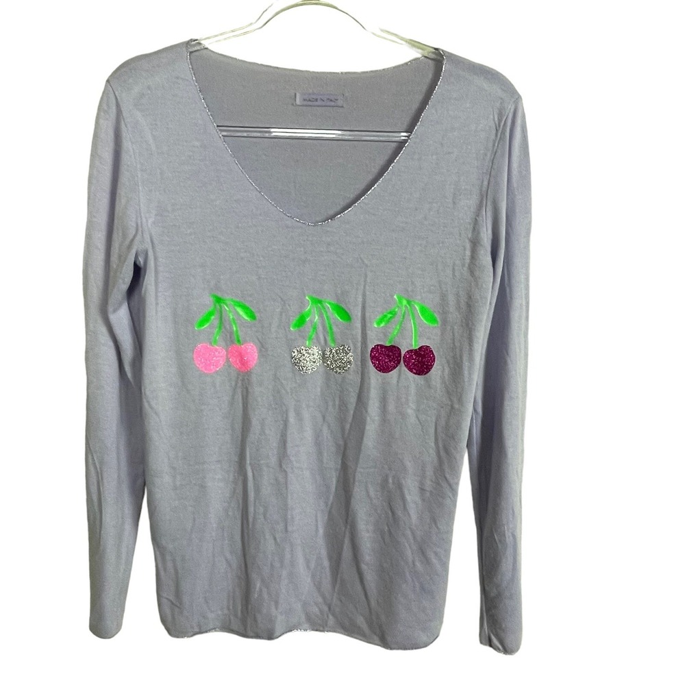Made in Italy‎ Knit Top Lavender Scoop Neck Novelty Glitter Cherries Fairy S/M
